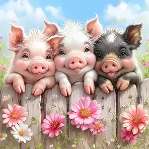 5D Diamond Painting Kit, DIY Needlework Craft with 3 Cute Piglets by Wooden Picket Fence, Pink Daisies, Wildflowers, Blue Sky, Pastoral Cottage-Style Crystal Rhinestone Wall Decor Gift for Hobbies Enthusiasts