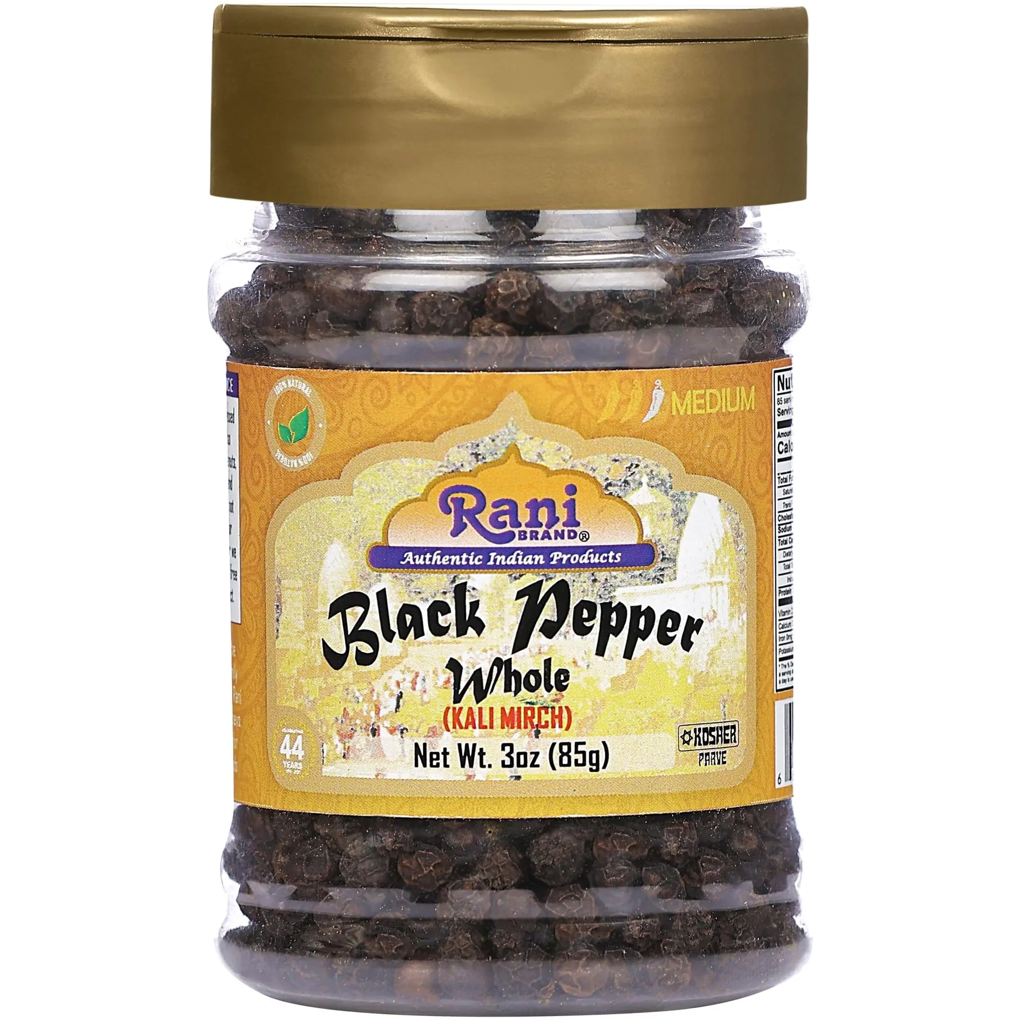 Rani Black Pepper Whole (Peppercorns), Premium MG-1 Grade 3oz (85g) PET Jar ~ All Natural | Gluten Friendly | Non-GMO | Kosher | Perfect size for Grinders!
