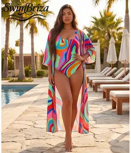 Briza｜Vacation Beach Pool One Piece Swimsuit for Women Scoop Neck Stretch Bathing Suit Bright Abstract Print Plus Size Swimwear with Cover Up Summer Resort Cruise Swim Suit, Women's Swimwear, Bathing Suit for Women, Cover Up Swimwear