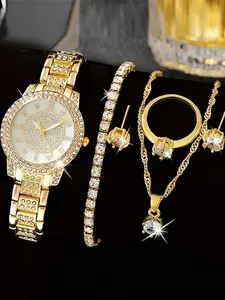 Women's Elegant Fashion Watch & Jewelry Set, Including Round Dial Quartz Watch & Bracelet & Necklace & Ring & Earrings, Exquisite Watch Set for Women As Gift, Fashionable Jewelry Set