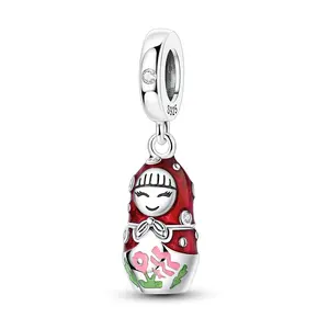 MULA S925 silver-plated polka dot nesting doll pendant, Russian retro hand-painted, compatible with Pandora bracelets and necklaces, anniversary gift for women and females