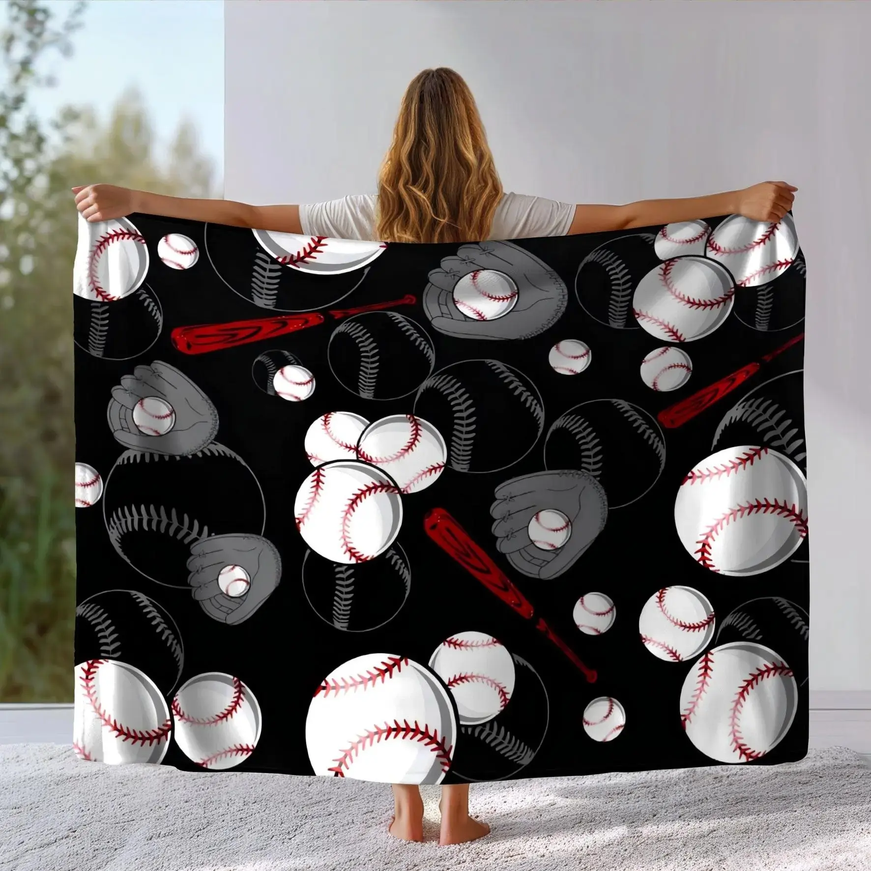 Baseball Theme Flannel Blanket, Large Size, Soft and Lightweight, Perfect for All Seasons, Ideal for Bed, Sofa, Office, Camping, Travel, Lightweight Throw Blanket