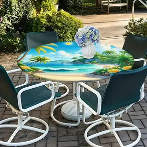 1PCTropical Beach Round Tablecloth, Palm Tree & Wave Print Elastic Tablecloth, Easy Install Outdoor Patio Decor, All-Season Use