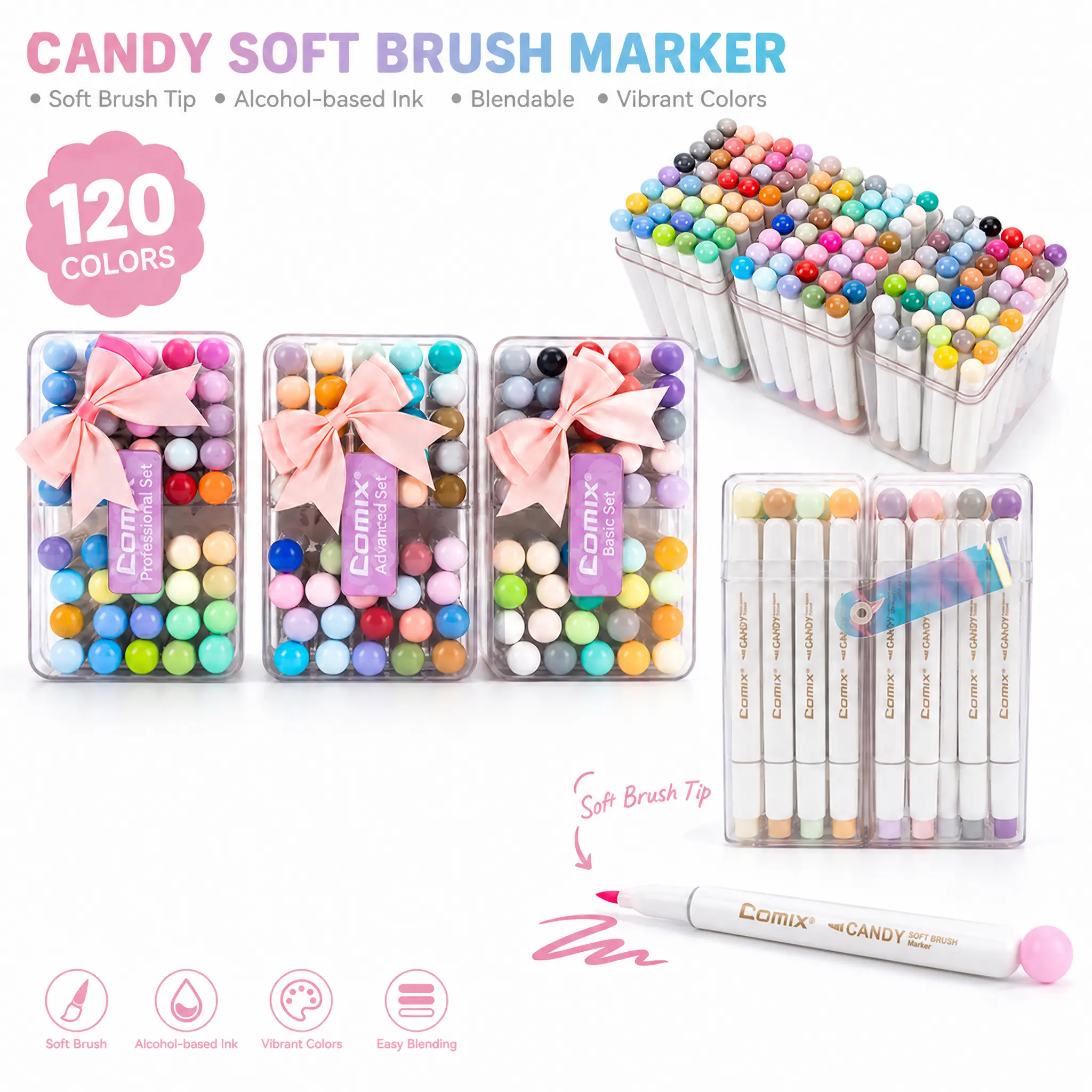 Back To School Comix Candy Soft Brush Tip Alcohol Markers Set with Case（40/120 Pack） - Soft Brush Tip Aesthetic Art Markers for Coloring, Journaling & Drawing, Gifts for Beginners & Artists