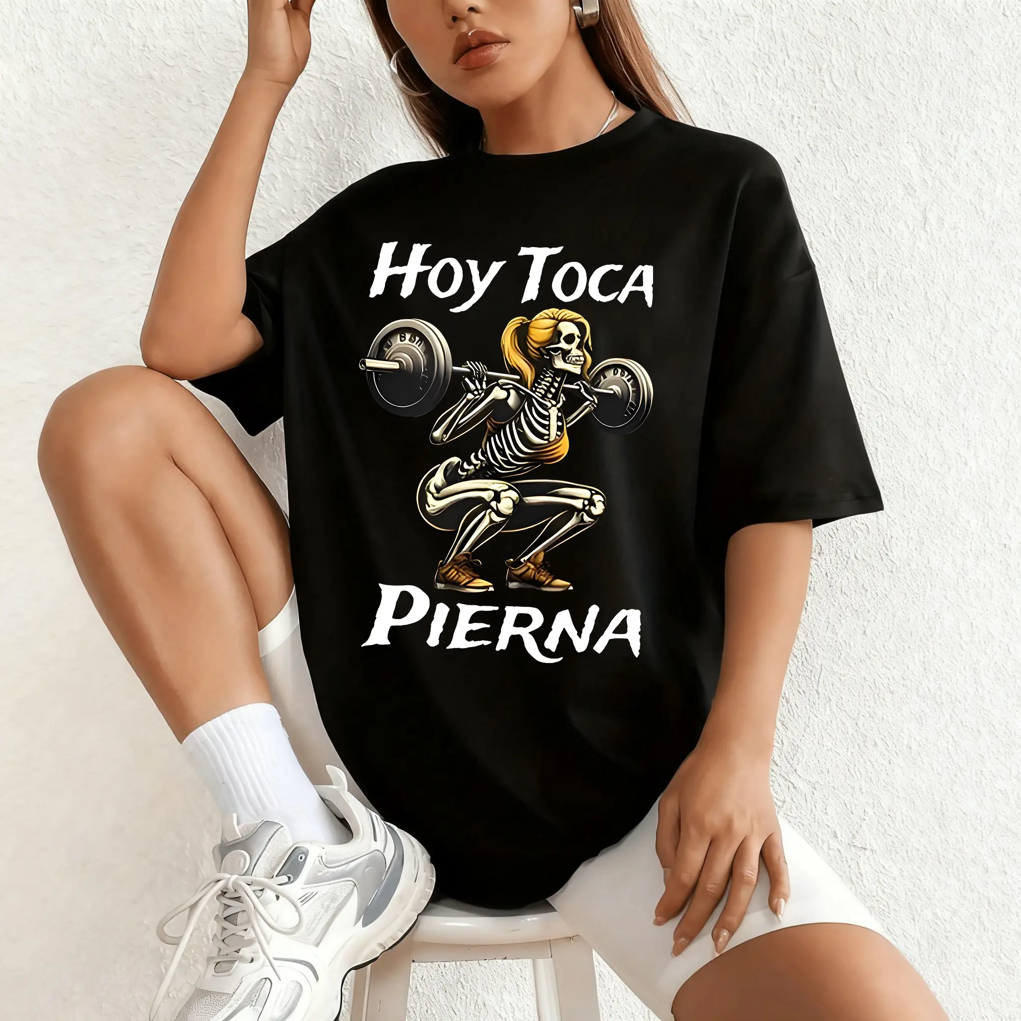 Women's Black Cotton Graphic T-Shirt - Skeleton Weightlifting Print, Loose Fit, Round Neck, Short Sleeve Lady Streetwear Top for Summer Gym Humor Casual Clothes, Tshirt