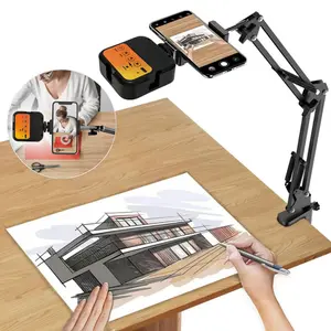 Cantilever Bracket Table Phone Mount, Articulating Arm Desk Cell Phone Holder with Detachable LED Dimmable Light, Adjustable Clip-on Design Desktop Phone Stand Clamp for Live Streaming Video Recording Painting Lighting Cooking