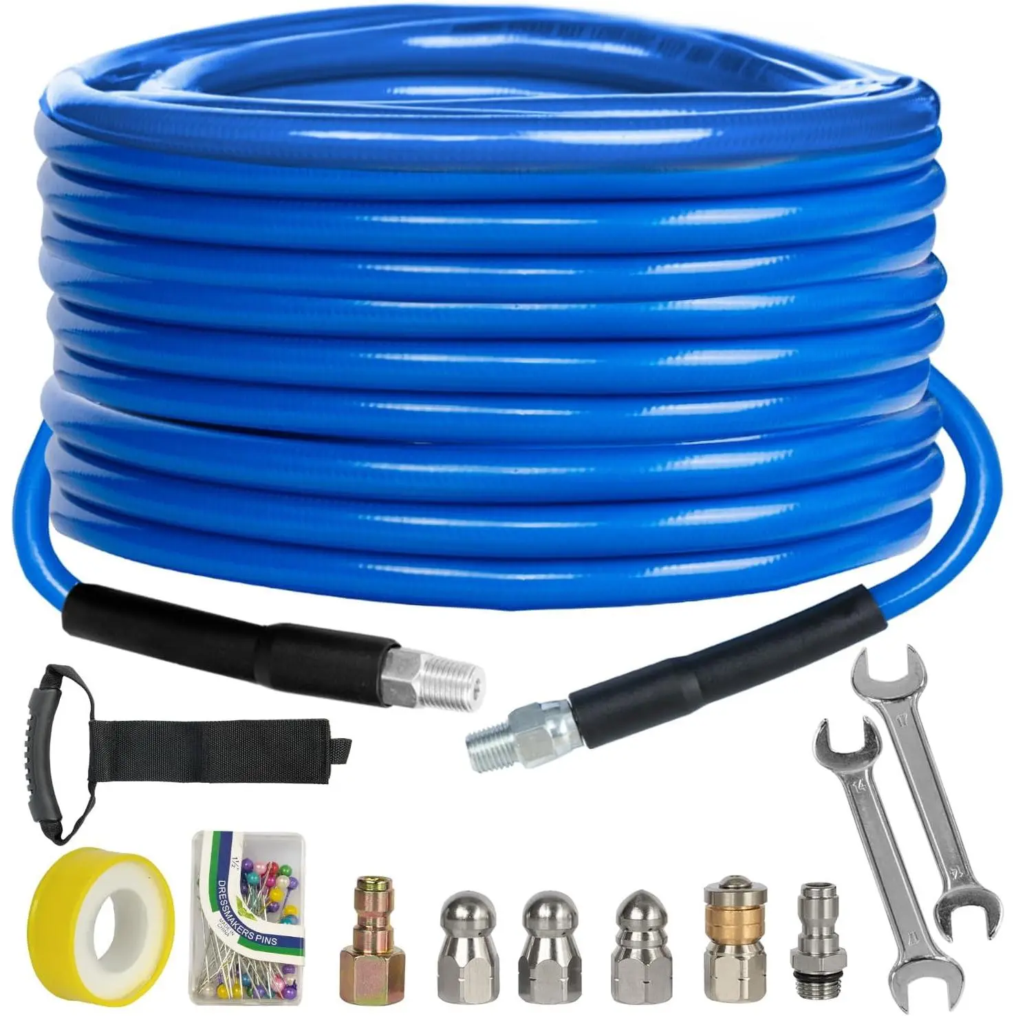 Pressure Washer Sewer Jetter Kit, 50FT 4000 PSI Drain Cleaning Hose (1/4 Inch NPT), Rotating Nozzle, Pearl Brooch Pins, Waterproof Tape, Handle Strap, 2 Screwdrivers, Blue, Compatible with High-Pressure Washer, Easy Installation