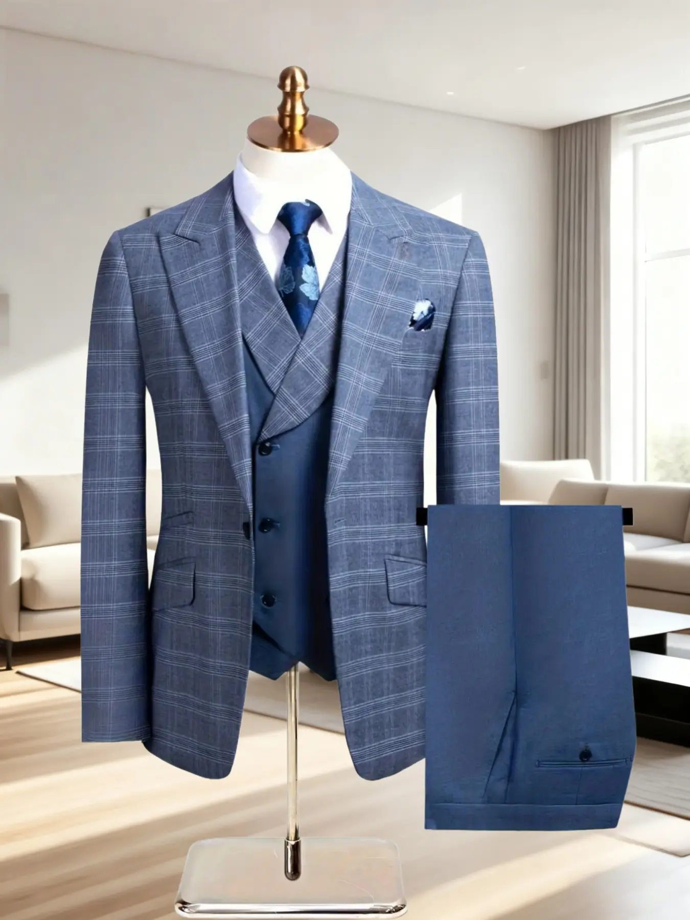Formal Wear Men's Suit Plaid 3pcs Set Long Sleeves Blazer Jacket + Vest + Pants, Wedding, business, Casual, Formal, Classic, Suits