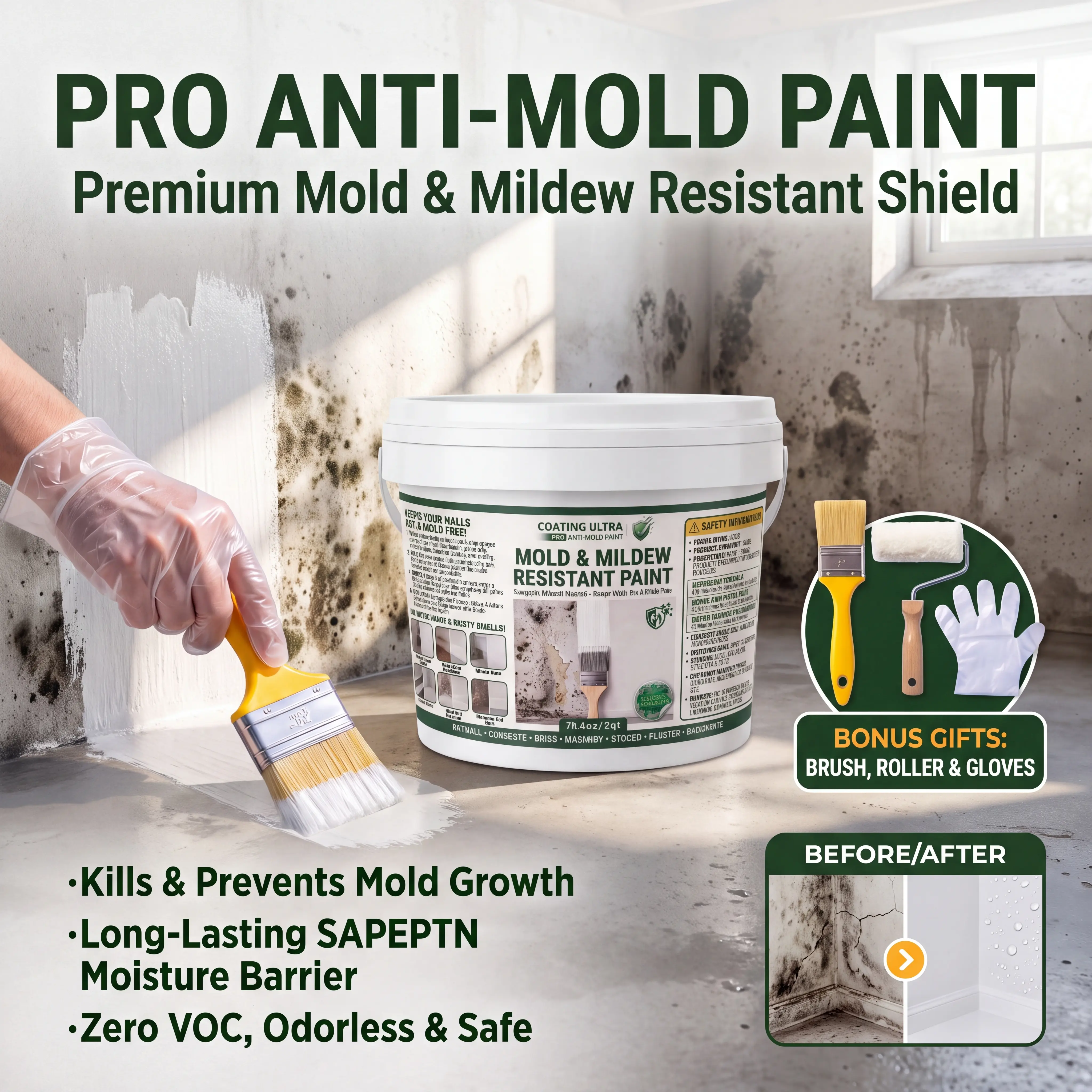 Inorganic Anti-Mold Wall Paint, Waterproof Mildew Resistant Coating for Bathroom, Basement & Kitchen, 0.5 Qt / 2 Qt