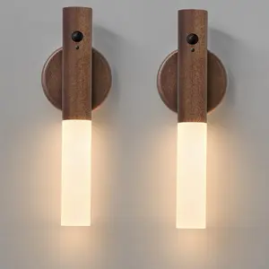 Wooden Motion Sensor Lights Indoor, Magnet Body Hallway Rechargeable LED Wireless Battery Operated Wall Sconce, Portable Decor Torch Night Lighting for Bedroom (Walnut Wood 2PCS)