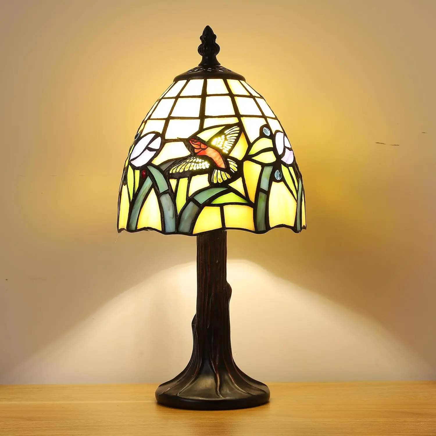 Small Tiffany Table Lamp,3 Color Temperature Hummingbird Stained Glass Table Lamps for Living Room, Dining Room,Bedroom Bedside Nightstand Night Light,W/LED Bulb,6X6X13Inch