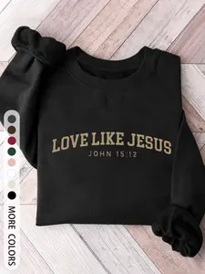 Women's Casual Loose-Fit Knit Pullover Sweatshirt, Love Like Jesus Graphic Print, Round Neck Design, Thick Fabric, Perfect for Fall & Winter, Womenswear