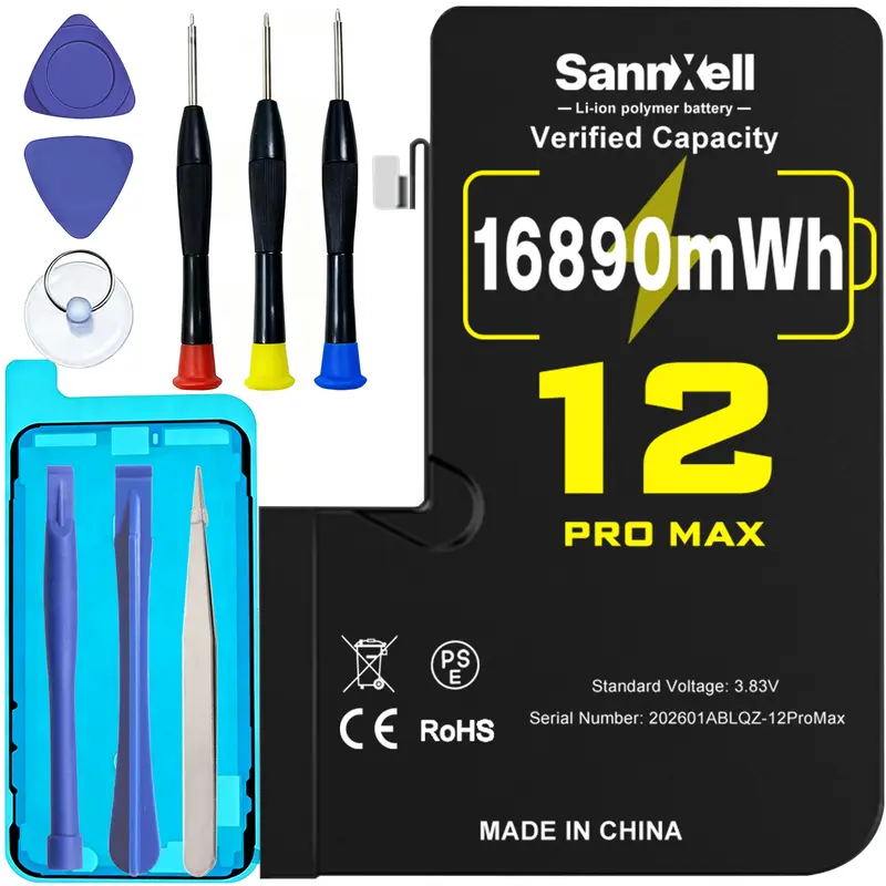 SannXell 16890mWh Aluminium Mobile Lithium Battery Pack for iPhone 12 Pro Max Only - 0 Cycle A+ Grade Li-Polymer, Fast Charging, Longer Life, Dual-Fuse Safe, Advanced Safety Technology, Compatible with A2342 A2410 A2411 A2412, Full Repair Kit Included