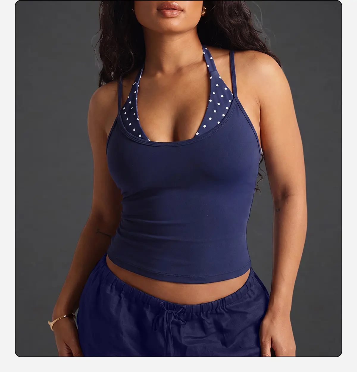 CalorieClub Women’s Layered Halter Yoga Tank Top - Buttery Soft Stretch Slim Cropped Cami, Activewear Athletic Casual Athletic Apparel Workout Top with Built-In Polka Dot Inner Layer, Anti-Sheer Design, All Seasons