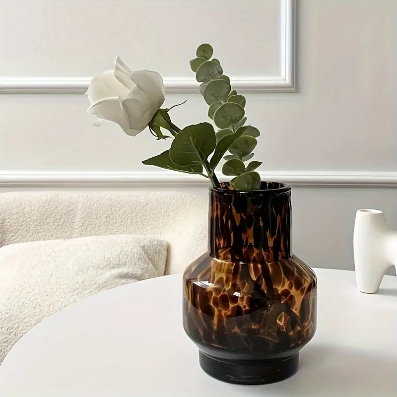 1pc High-End Leopard Print Glass Decorative Vase - Water Plant Pot, Home Accessories for Living Room, Dining Room, Decorative Vases