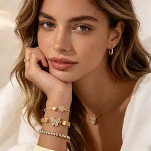 Women’s Stackable Crystal Heart & Butterfly Bracelet Set, 3-Piece Gold-Tone Adjustable Open Cuff + Rhinestone Tennis Chain + Mesh Bracelet Trio, Elegant Daily Wear Jewelry
