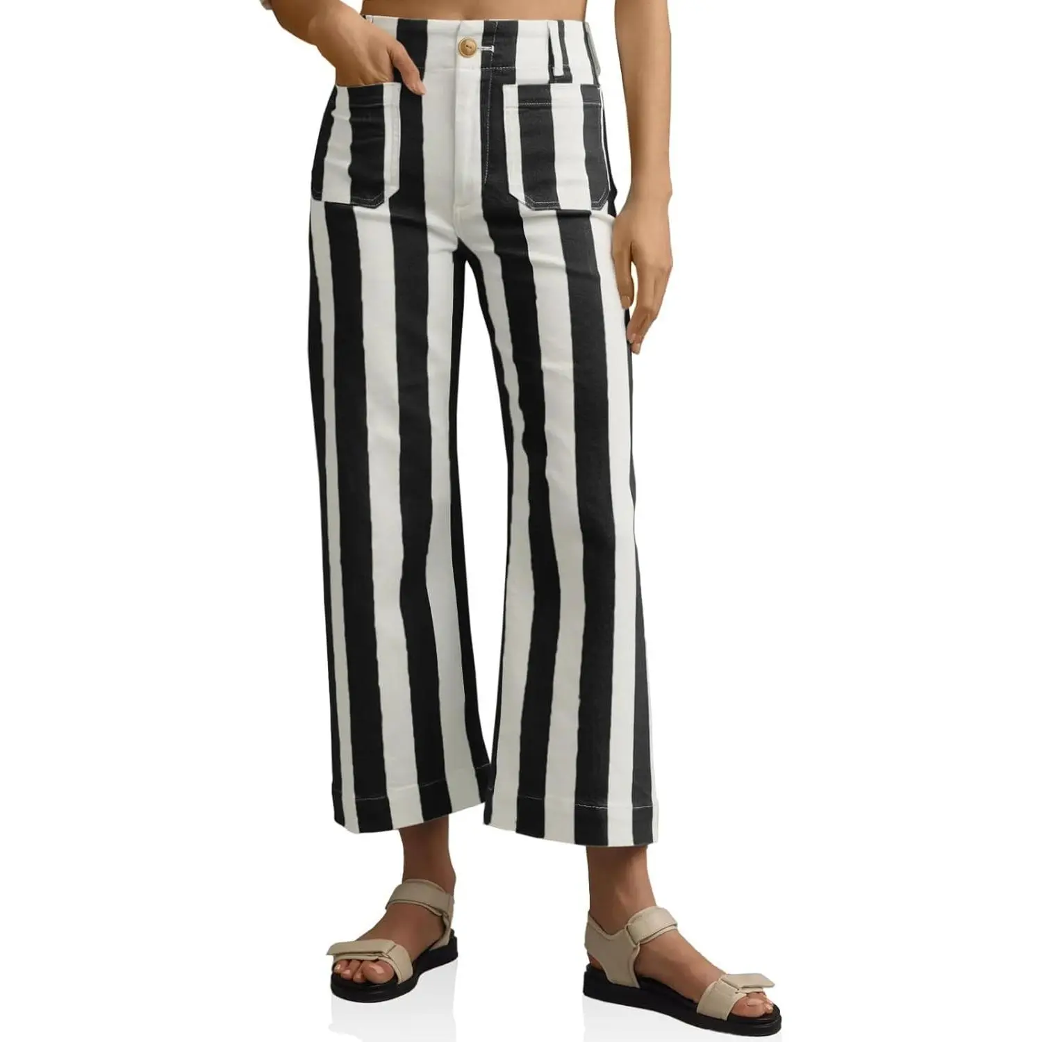 Imily Bela Womens Cropped Striped Jeans Casual High Waisted Stretchy Straight Leg Denim Pants with Pockets Baggy Shirt