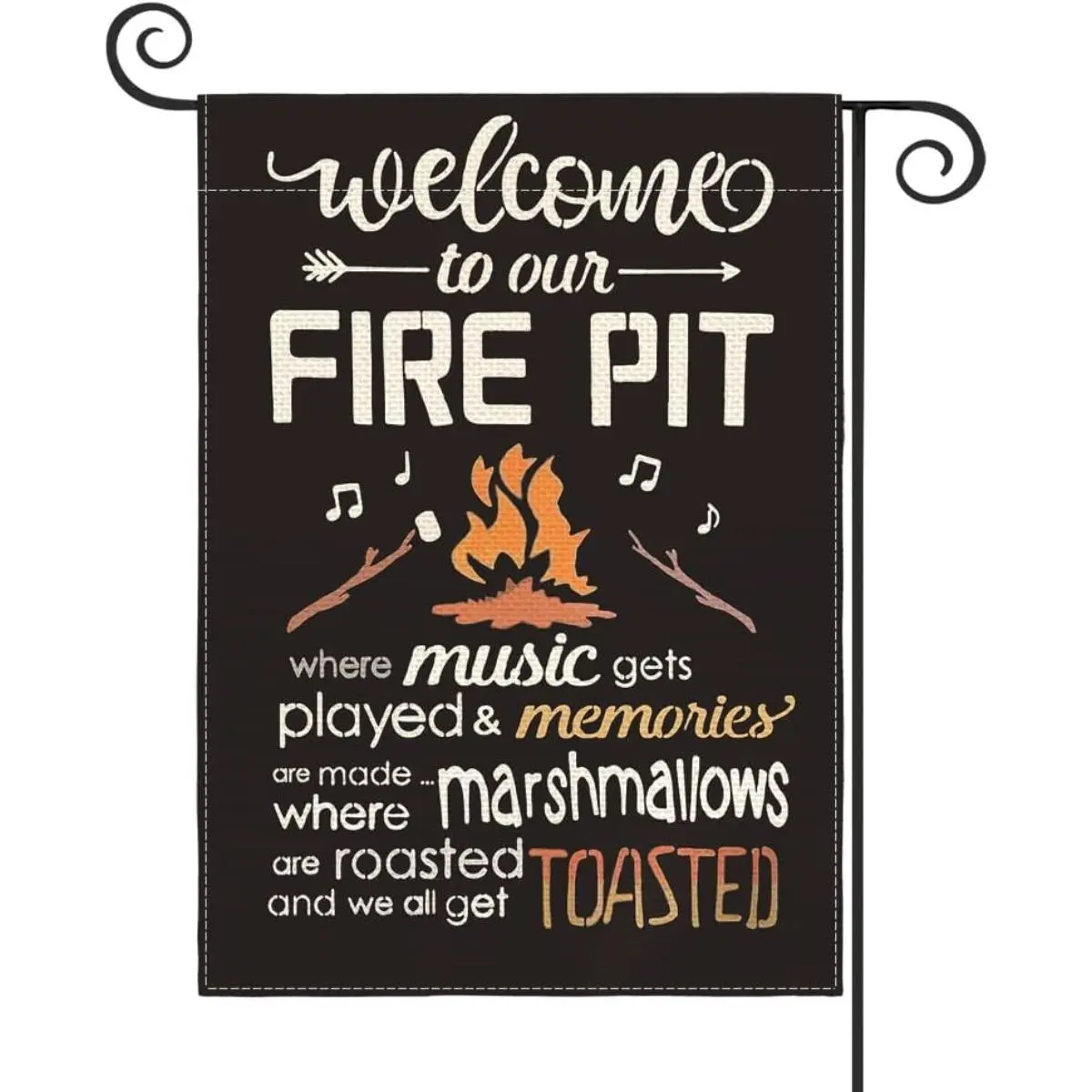 Welcome To Our Fire Pit Garden Flag 12x18in, Double-Sided Funny Campfire Quote Yard Decor, Outdoor Patio Banner for Backyard Camping Music & Marshmallows Nights