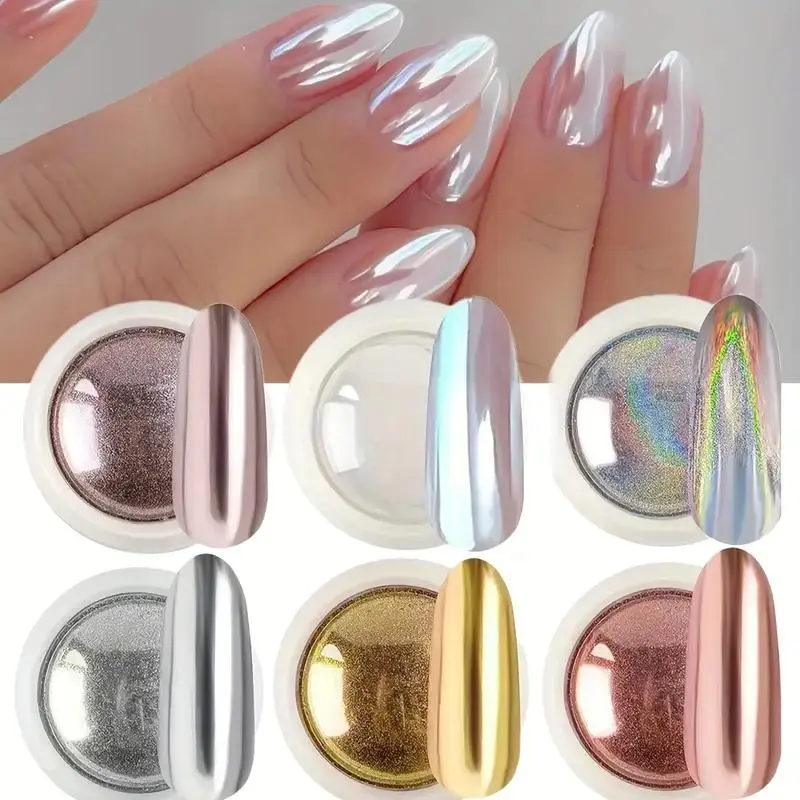 6pcs Chrome Mirror Powder Set & Silver Metallic Nail Art Accessories, Nail Decoration, Mesmerizing Aurora Rainbow Effect Nail Powder Kit, Illuminating Iridescent Shimmer, Matte Shimmer Glitter, Nail Art Supplies