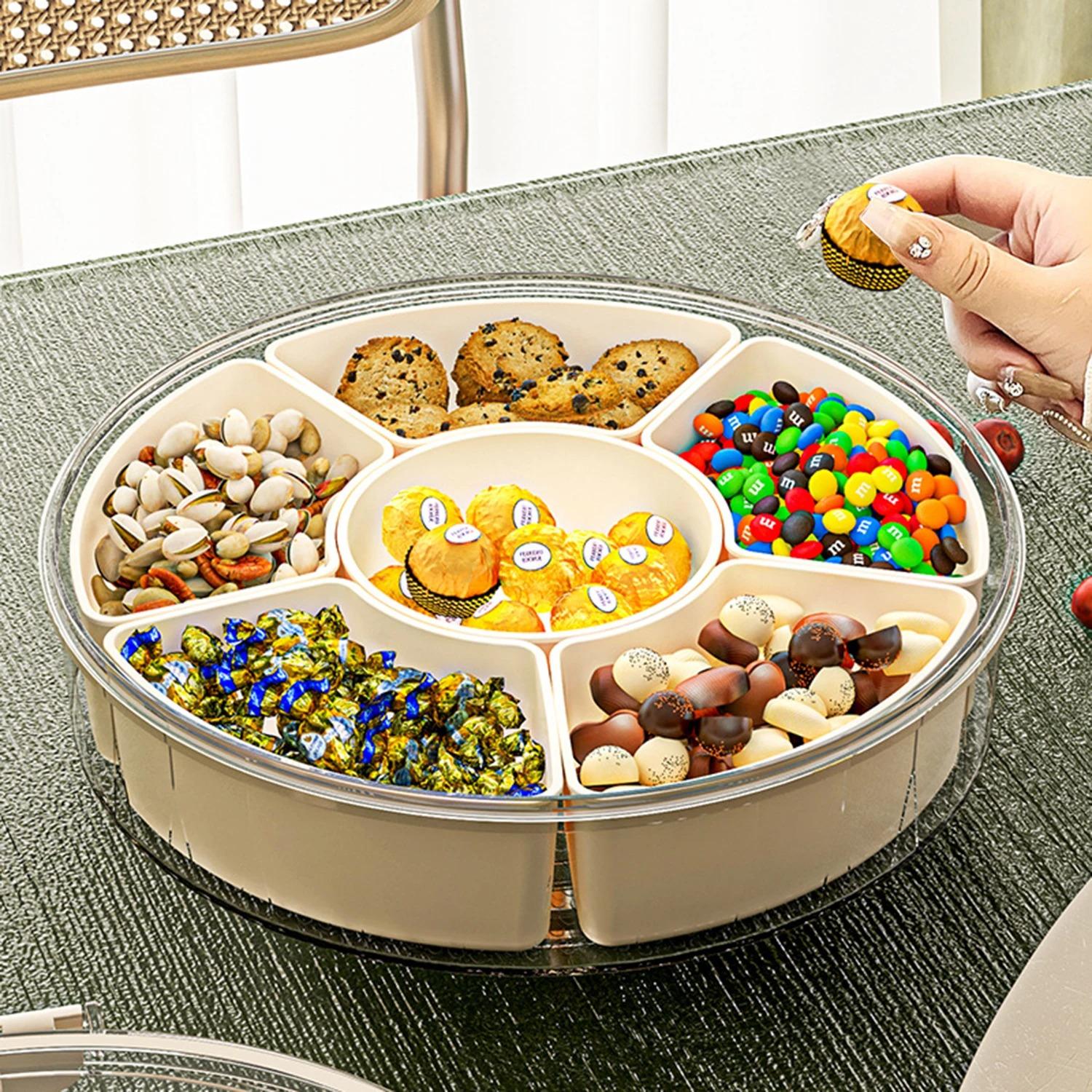 Divided Rotating Serving Tray with Lid & Handle, Portable Snackle Box BPA-Free Leakproof Reusable, Clear Snack Spinner Large Capacity for Fruits Snacks Veggie Charcuterie Nuts Candy, Ideal for Party Picnic Travel On-the-Go Home Kitchen