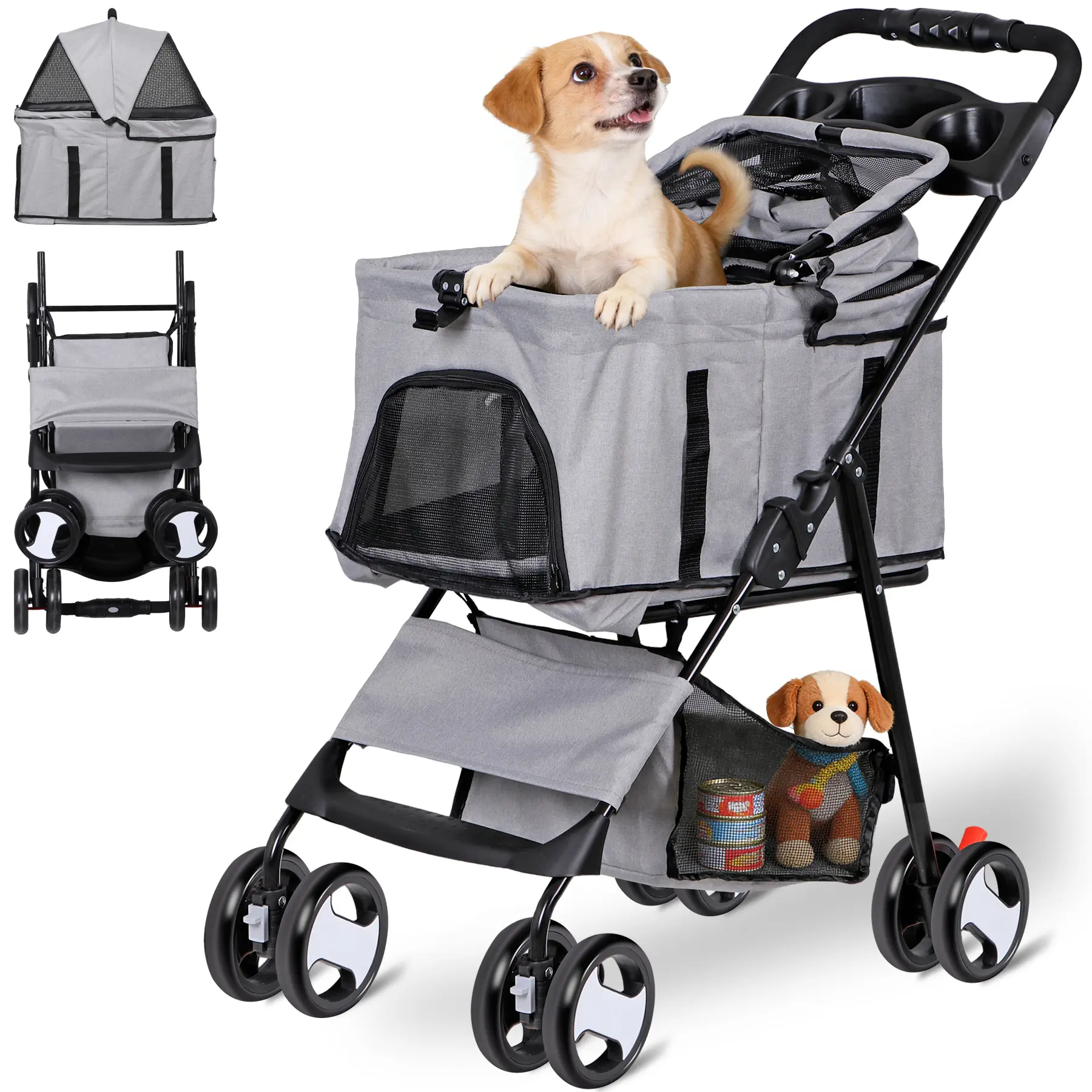 Segawe 3-in-1 Foldable Puppy Stroller, Detachable Outdoor Animal Carrier, Car Seat with Basket, Cup Holder, 4-Wheel Jogger for Small-Medium Dogs & Cats