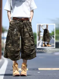Men's Camouflage Workwear Shorts Loose Cargo Shorts Menswear Loose Straight Leg Casual Fashion Pants American Style Large Pockets Trendy Seven-Quarter Pants