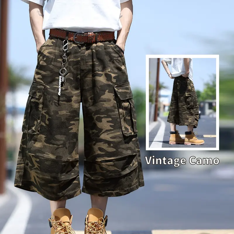 Men's Camouflage Workwear Shorts Loose Cargo Shorts Menswear Loose Straight Leg Casual Fashion Pants American Style Large Pockets Trendy Seven-Quarter Pants Camo Summer Shorts