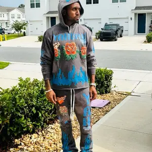 Yahuah Designer Grey Flared Sweatys Suit with Floral Embroidery and Blue Flames Pattern