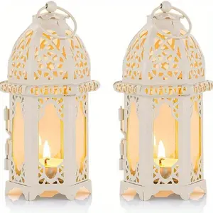 Islamic Ramadan Decoration Set, Desktop Decor, Muhammeda Metallic & Glass Candle Holder, Wax Lanterns, Ornament