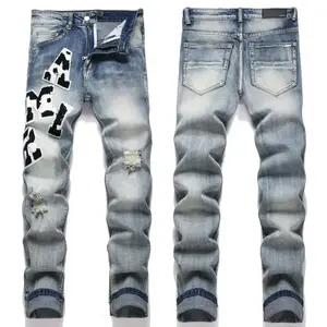 Cross-Border New Style Export High Street Youth Blue Ripped Badge Embroidery Stretch Skinny Men's Jeans Trendy Casual Fashionable Shorts