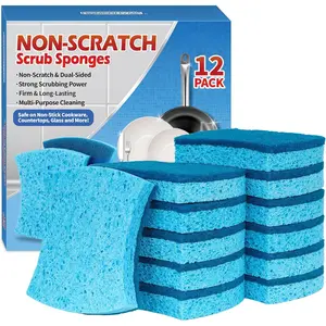 Non-Scratch Cellulose Scrub Sponges 12 Pack, Sponges Kitchen with Double-Side &  Design for Dishes, Coated Cookware, Sink & Countertops.