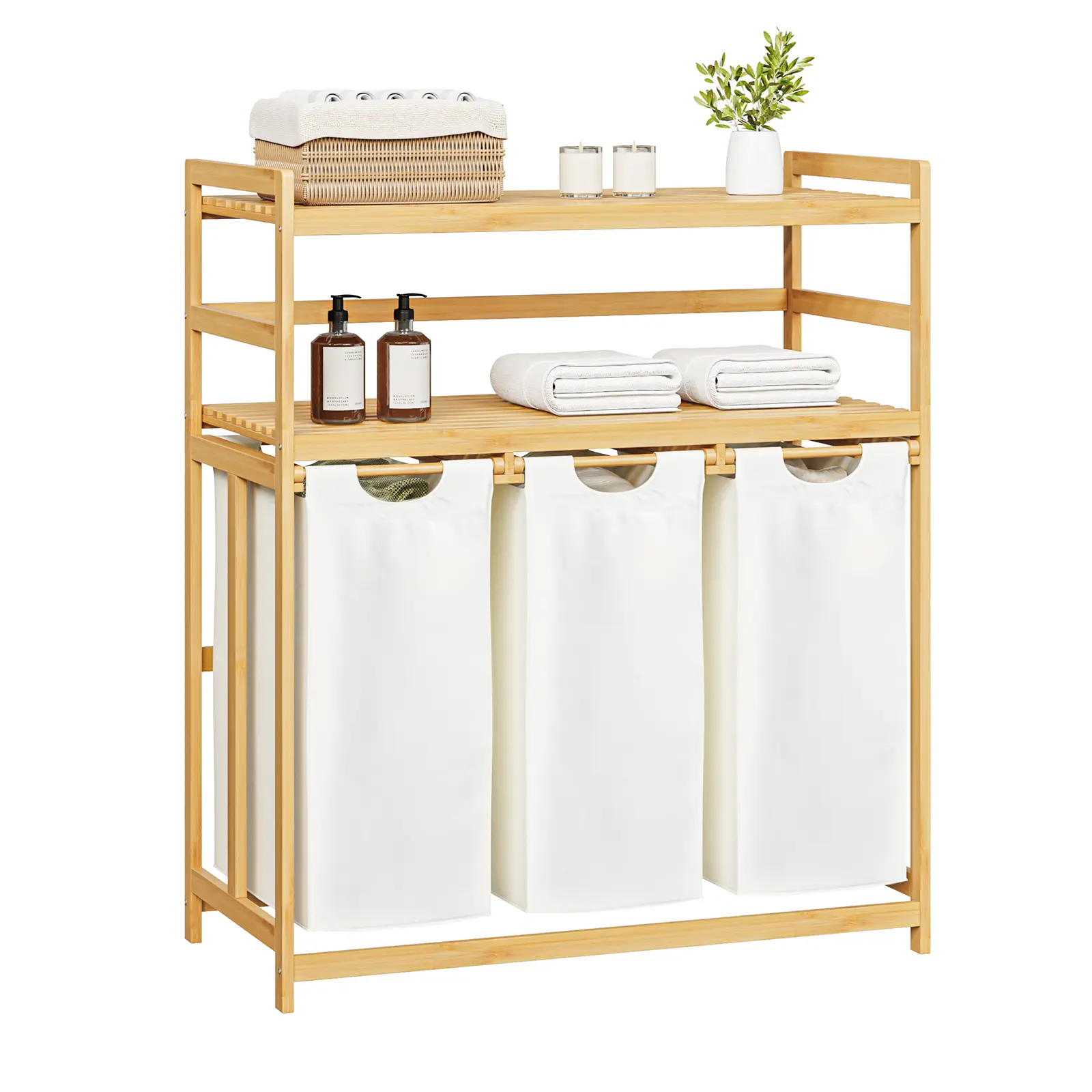 Single / Double Tier Laundry Hamper, 3 / 4 Section Large Bamboo Laundry Sorter with Removable Bags, Large Capacity, Efficient Clothing Storage, Perfect for Washing, Drying and Storage Organizer bathroom organizer