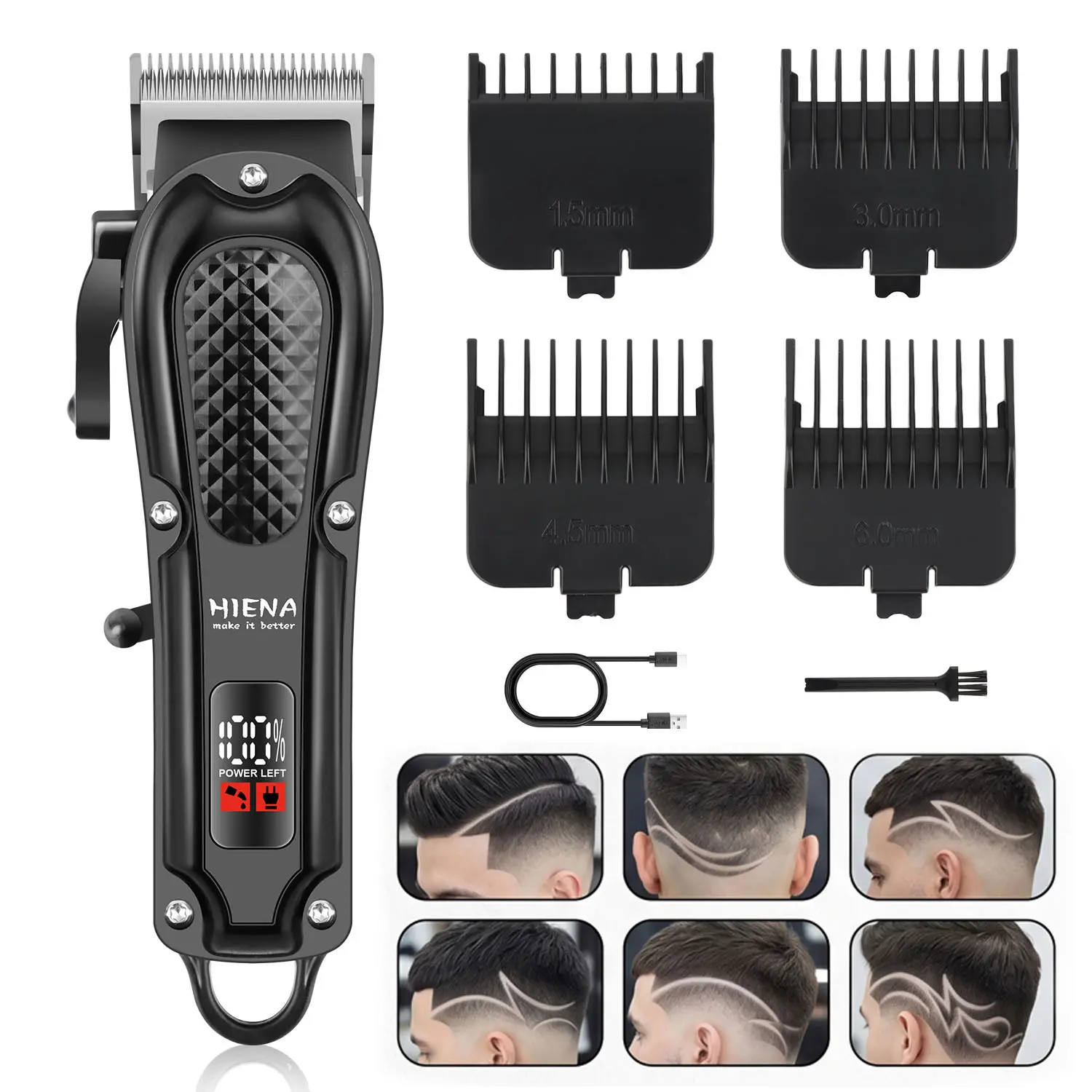 HIENA cordless hair clipper for home use with LCD digital power display, adjustable conical blade, USB rechargeable design, guide combs in 4 sizes, cleaning brush, men’s grooming set for home salon/barbershop