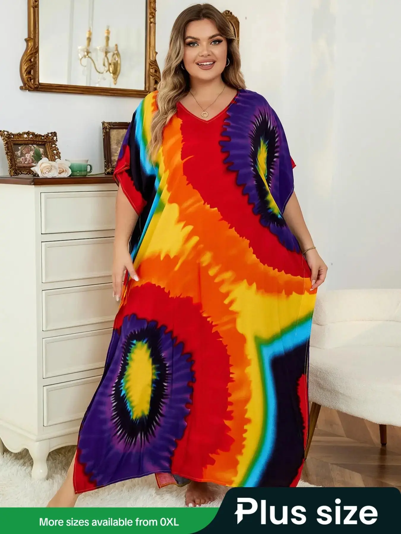 【Plus Size】 Colorful Graphic Batwing Sleeve Tunic Dress, Bohemian Muumuu Dress, Summer Outfits 2024, Casual Comfort V Neck Half Sleeve Split Long Dres