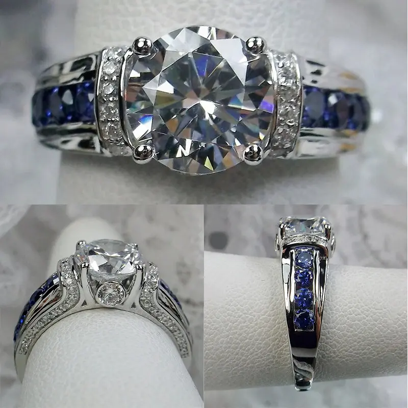 3-Carat Round Moissanite Engagement Ring - Silver Band with Side CZ Accents, Side Blue Stone Inlays, Anniversary Costume Jewelry for Engagement Ring Styles, Luxurious, Engagement Rings, Brilliant Shine