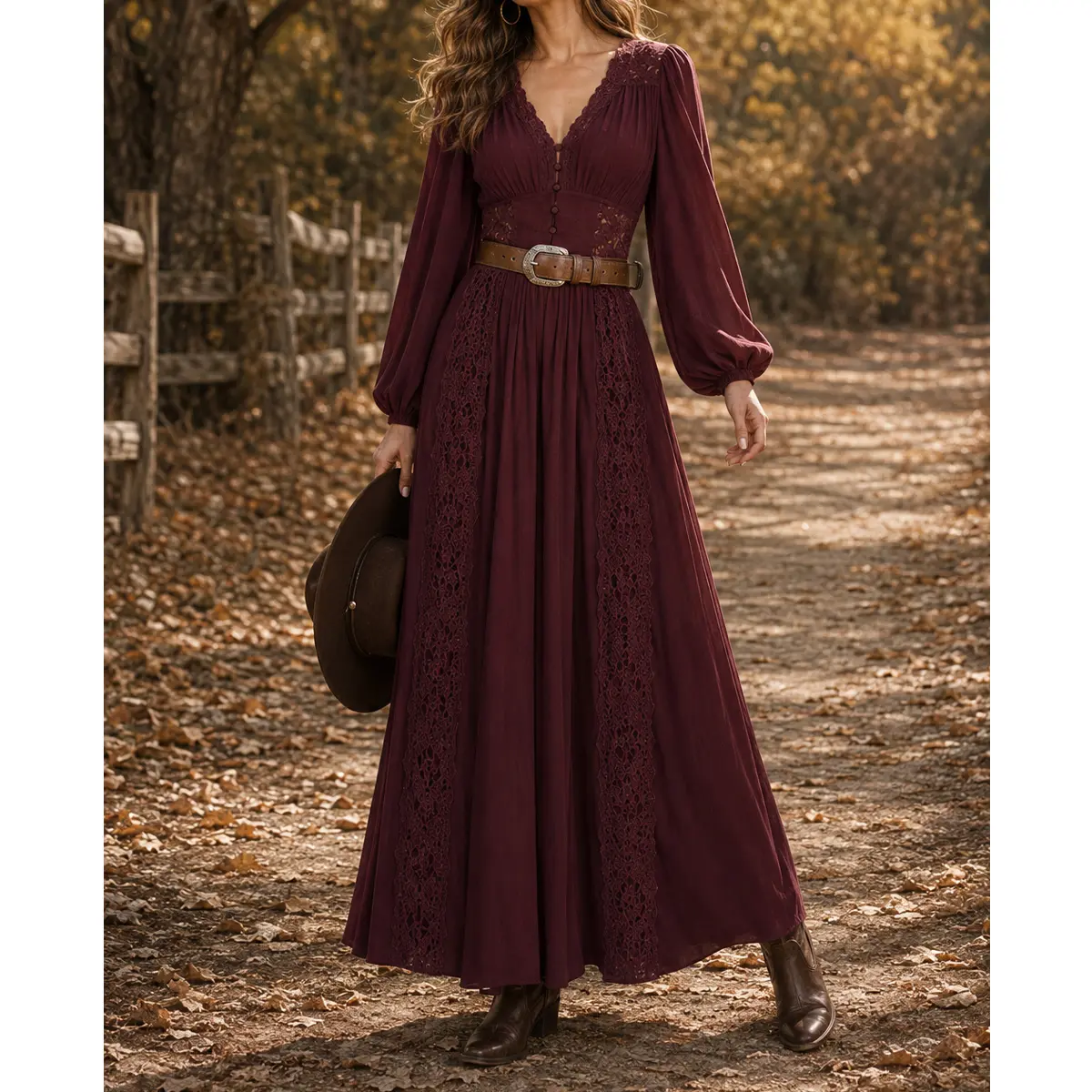 Women’s Dress Skin Friendly Rayon Blend American Western Retro Style for Autumn Outdoor Activities Picnic Travel Shooting Party Date