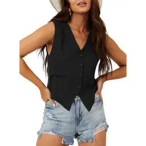 Dokotoo Womens Vest Dressy Casual V-Neck Button-Down Lined Suit Jacket Waistcoat Versatile Vests