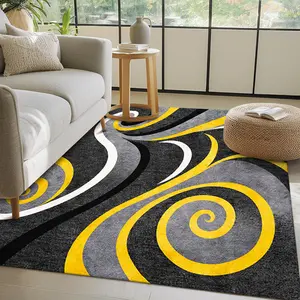 Soft, non-slip rubber backing, yellow-gray-black spiral wave pattern modern minimalist style living room rug, easy to clean, suitable for hallway, living room 15-25 sqm, kitchen, bedroom 1.5m-1.8m single/double bed outdoorfun