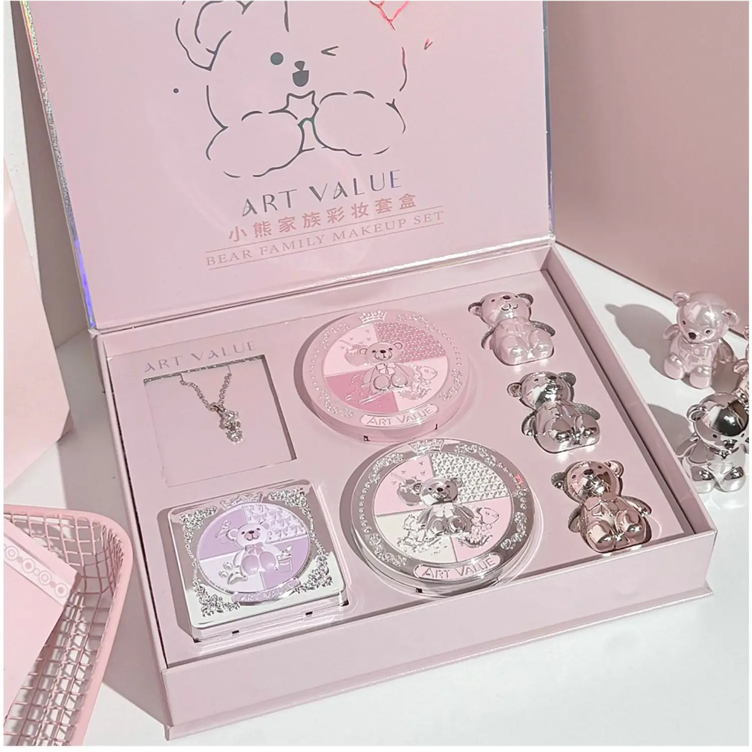 Cute Little Bear Makeup Gift Box Eyeshadow Palette Lip Gloss Necklace All-in-One Makeup Set Lip Mud Blush Powder Eyeshadow Combination Fun Necklace Accessory Holiday Gift for Girls Full Makeup Set Beauty Bundle Kit