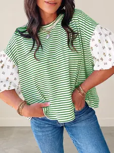 Women's Green Stripe Floral Puff Sleeve Patchwork Round Neck Loose Top Women's Casual Summer T-Shirts Soft Cotton Stretch Lightweight Trendy Mixed Print Blouses for Work Office Weekend Outings