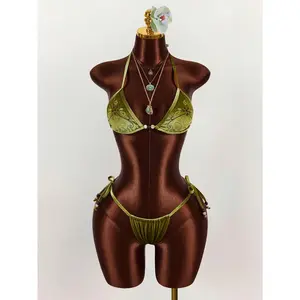 2pcs Women's Beaded Embroidered Triangle Cup Bohemian Style Backless Crop Top, Green Sexy & Avant-Garde