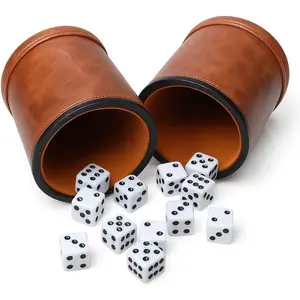 Brown PU Leather Dice Cup Set, Felt Lined Dice Shaker with 6 Dice for Liars Farkle Yahtzee Game, 2 Pack