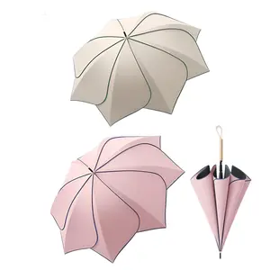 Creative Flower Design Umbrella, 1 Count Portable Folding Umbrella with Wooden Handle, Uv Protection Umbrella for Outdoor Activities