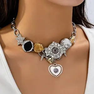 Women's Y2K Layered Chain Necklace - Vintage Modern Pendant Jewelry with Five-pointed Star, Watch Face, Heart Charms - Heavy Metal Chain for Everyday & Party - Layered Necklace for Y2K Outfits, Carnival, Birthday Gifts, Versatile Accessory, Playful Design