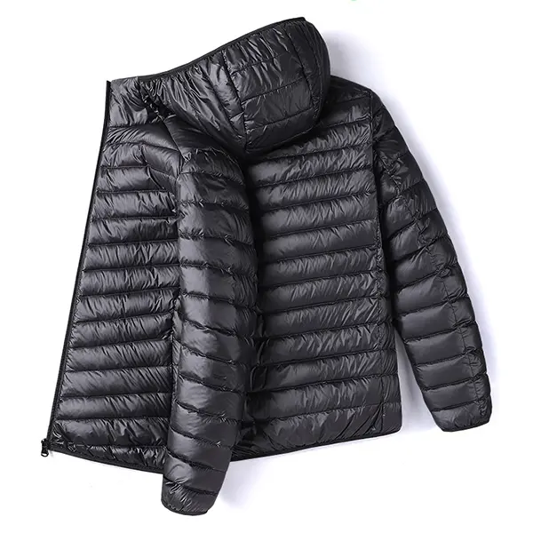 Men's Black Hooded Lightweight Cotton Jacket - Zip-Up Casual Warm Coat
