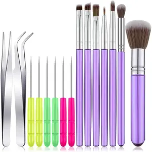 15 Pcs Decorating Brushes Tool Set, Include Cookie Pastry Brush Cookie Scriber Needles Sugar Stir Needles Elbow and Straight Tweezers for Biscuit Cake Fondant Decor Supplies (Purple)