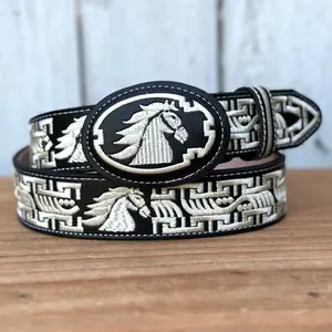 Black and White “Horse” Embroidered Belt with Oval Buckle | Western Belts for Men | Made in Mexico