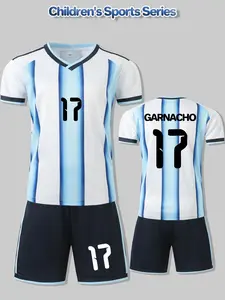 Boys' V-neck striped football suit, Football kits, with name GARNACHO and number 17, New children's jersey, suitable for students' competitions and team training, comfortable, breathable, quick-drying two-piece set