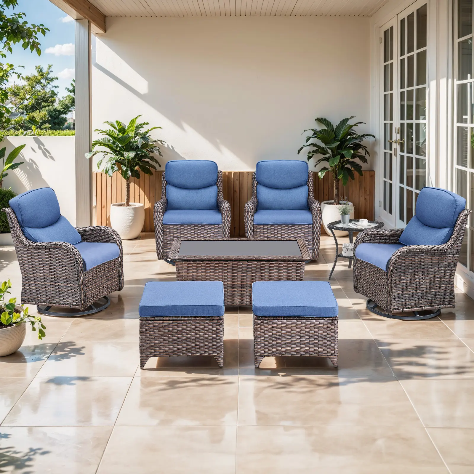 Outdoor Swivel Rocker Patio Chairs Set of 4 with Ottoman Coffee Table - 5" Thick Cushion 8 Piece Furniture Set All Weather Comfortable Wicker Conversation Set for Porch Deck, NTS Series