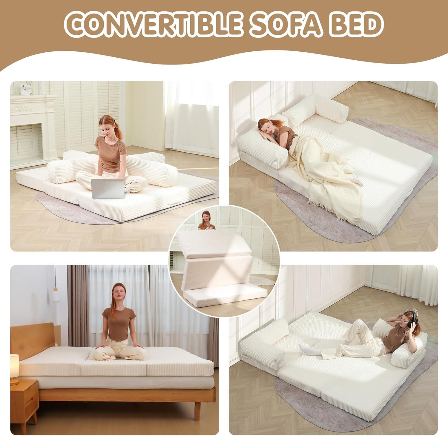 Winzoo 5-in-1 Convertible Sofa Bed,Boneless Couch Tri Folding Floor Mattress with Removable L-Shaped Armrests & Handle,Corduroy Futon Couch Sleeper with Pull Out Bed for Living Room Bedroom Apartment